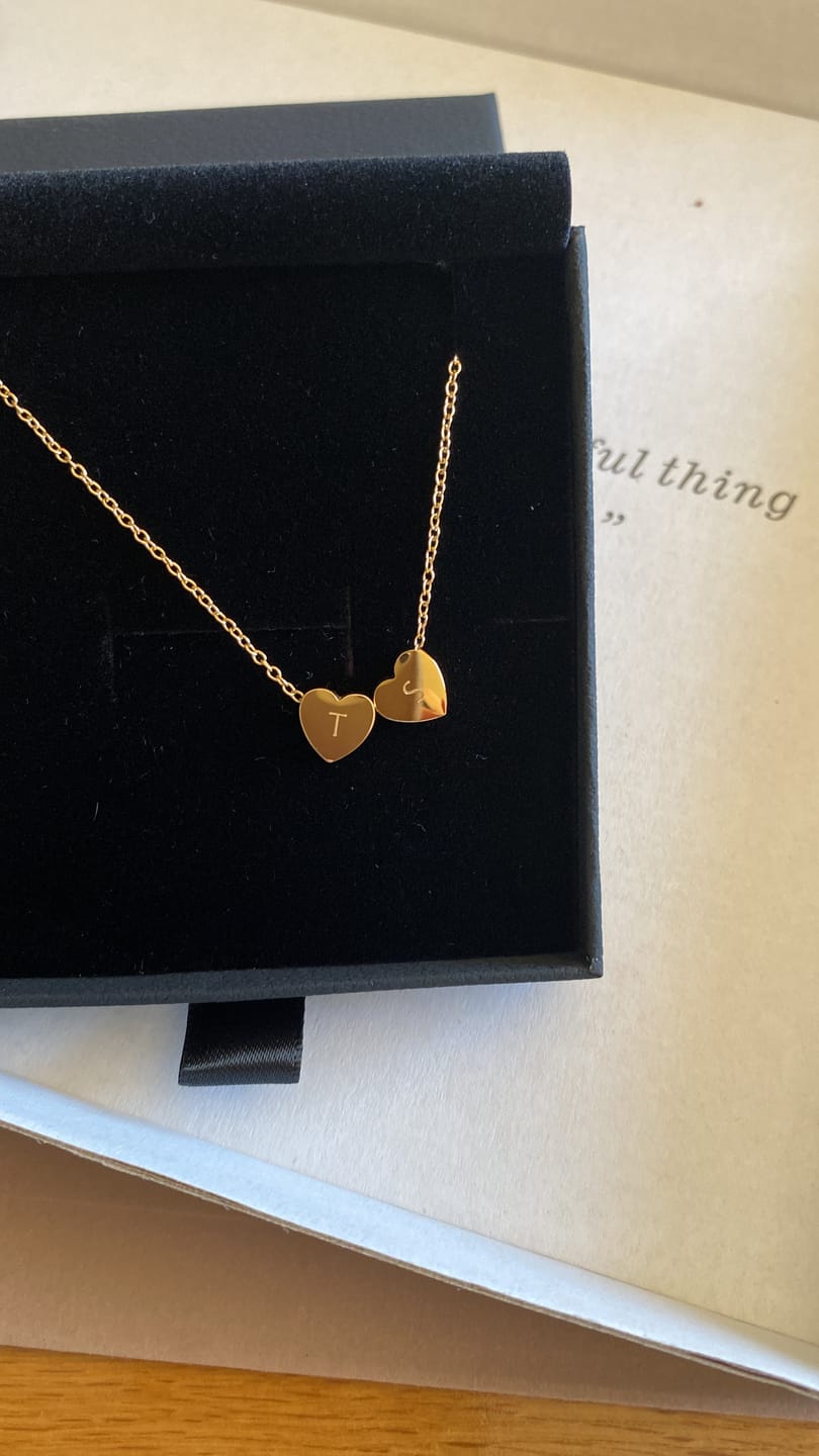 Customer photo review of Amo Heart Double Bead Necklace in Gold