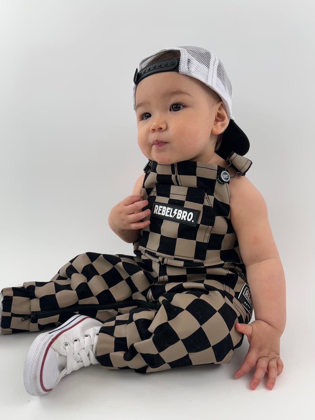 Customer photo review of The Live Fast Overall in Taupe + Black Checkered