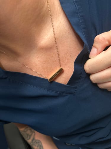 Customer photo review of 3cm Letter Bar Necklace in Rose Gold horizontal