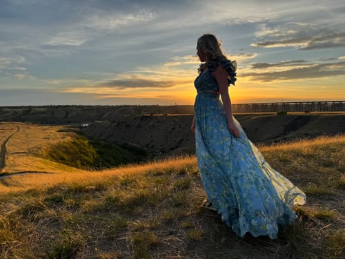 Customer photo review of Barcelona Gown in Soft Blue Floral by Mac Duggal - RENTAL