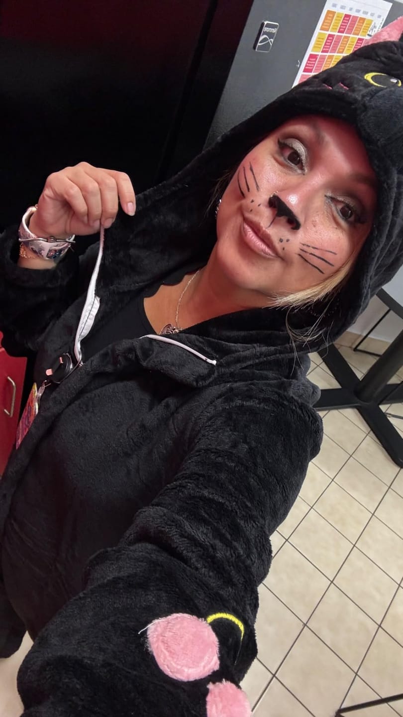 Customer photo review of OLAOLA Unisex Adult Plush Black Cat Animals Onesie Pajamas Warm Home Pet One-Piece Sleepwear