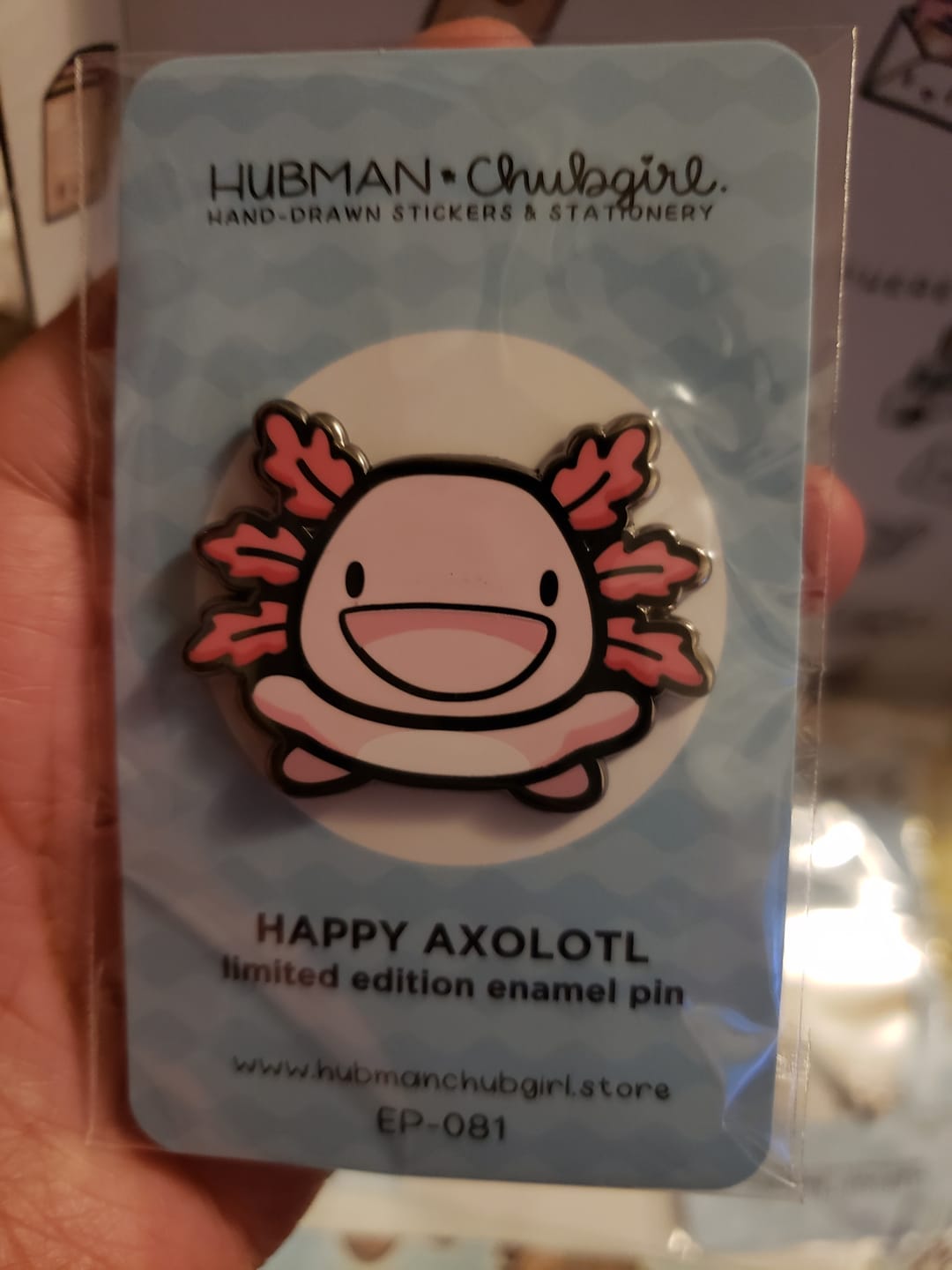 Customer photo review of Happy Axolotl Pin