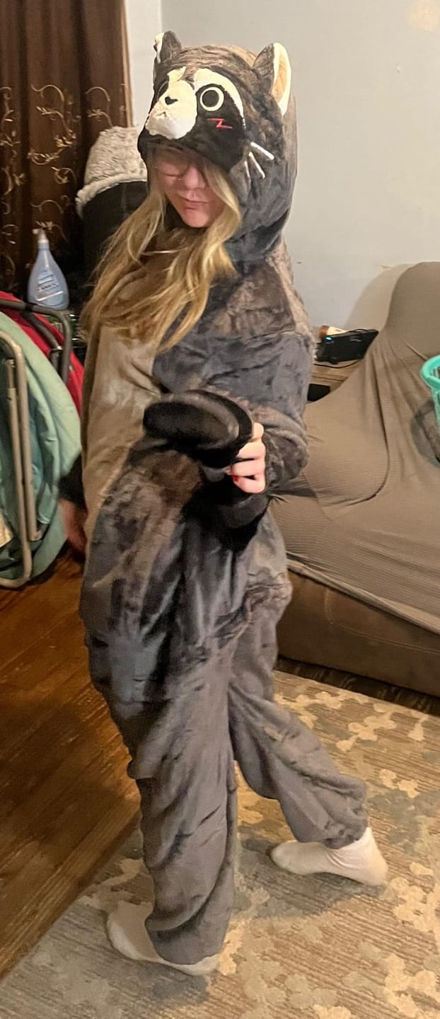 Customer photo review of OLAOLA Kids Raccoon Animal Onesie Plush Soft Flannel Warm Home Pajamas One-Piece Sleepwear