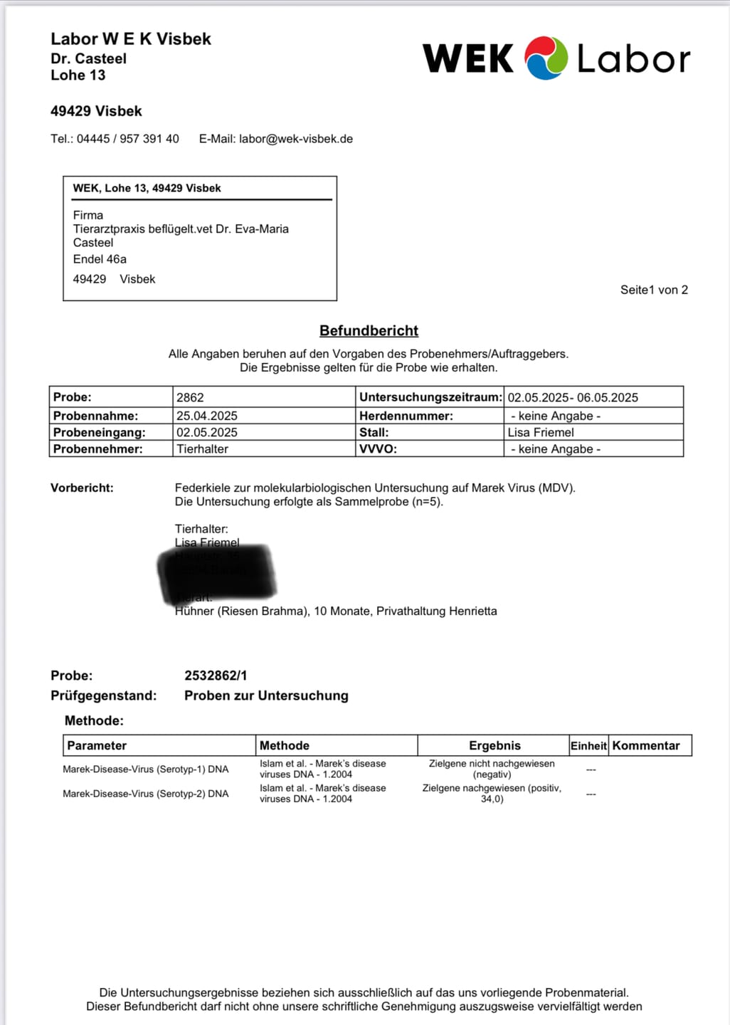 Customer photo review of Marek- Check - PCR Diagnostik für bis zu 5 Hühner