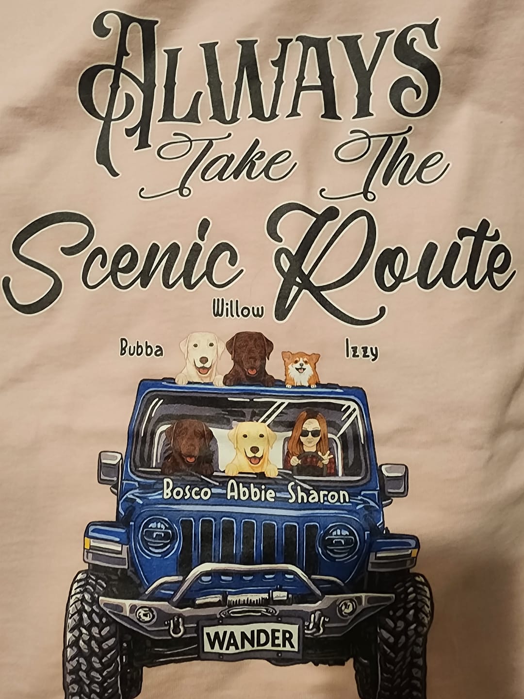 Customer photo review of Custom JP Shirts, Always Take The Scenic Route JP Dog JP Cat Apparel CTM00