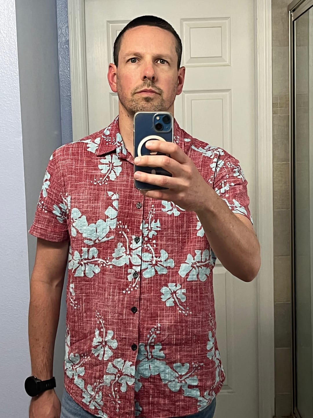 Customer photo review of Men's Red Floral Vintage Short Sleeve Button Up Beach Tropical Hawaiian Shirt