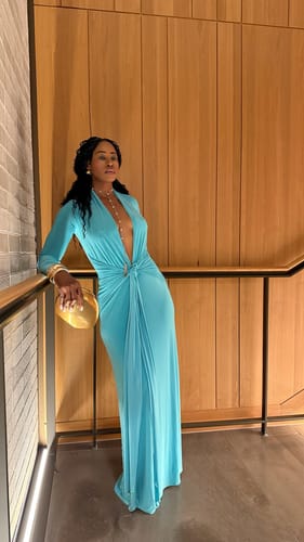 Customer photo review of Hourglass Plunge Draped Tie Dress