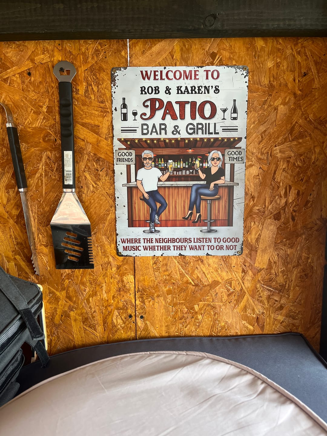 Customer photo review of Patio Where Memories Are Made And Often Forgotten In The Morning - Personalized Vertical Metal Sign