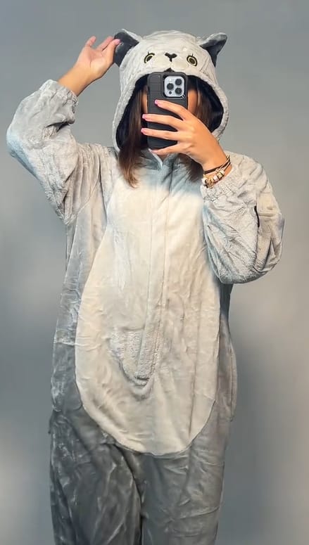 Customer photo review of OLAOLA Unisex Adult Plush Cat Animals Onesie Pajamas Warm Home One-Piece Sleepwear