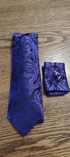 Customer photo review of Dark Purple Paisley Silk Men's Tie Hanky Cufflinks Set