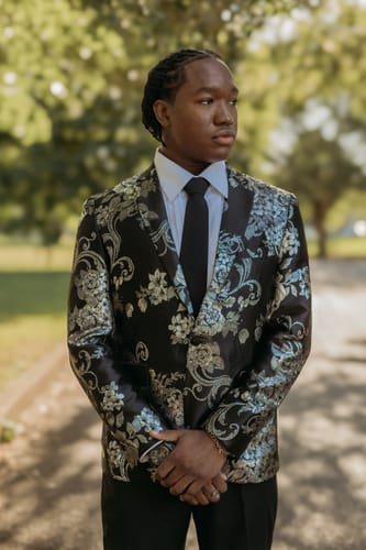 Customer photo review of Men's 2-Piece Fashion Silver Peony Jacquard Black Tuxedo