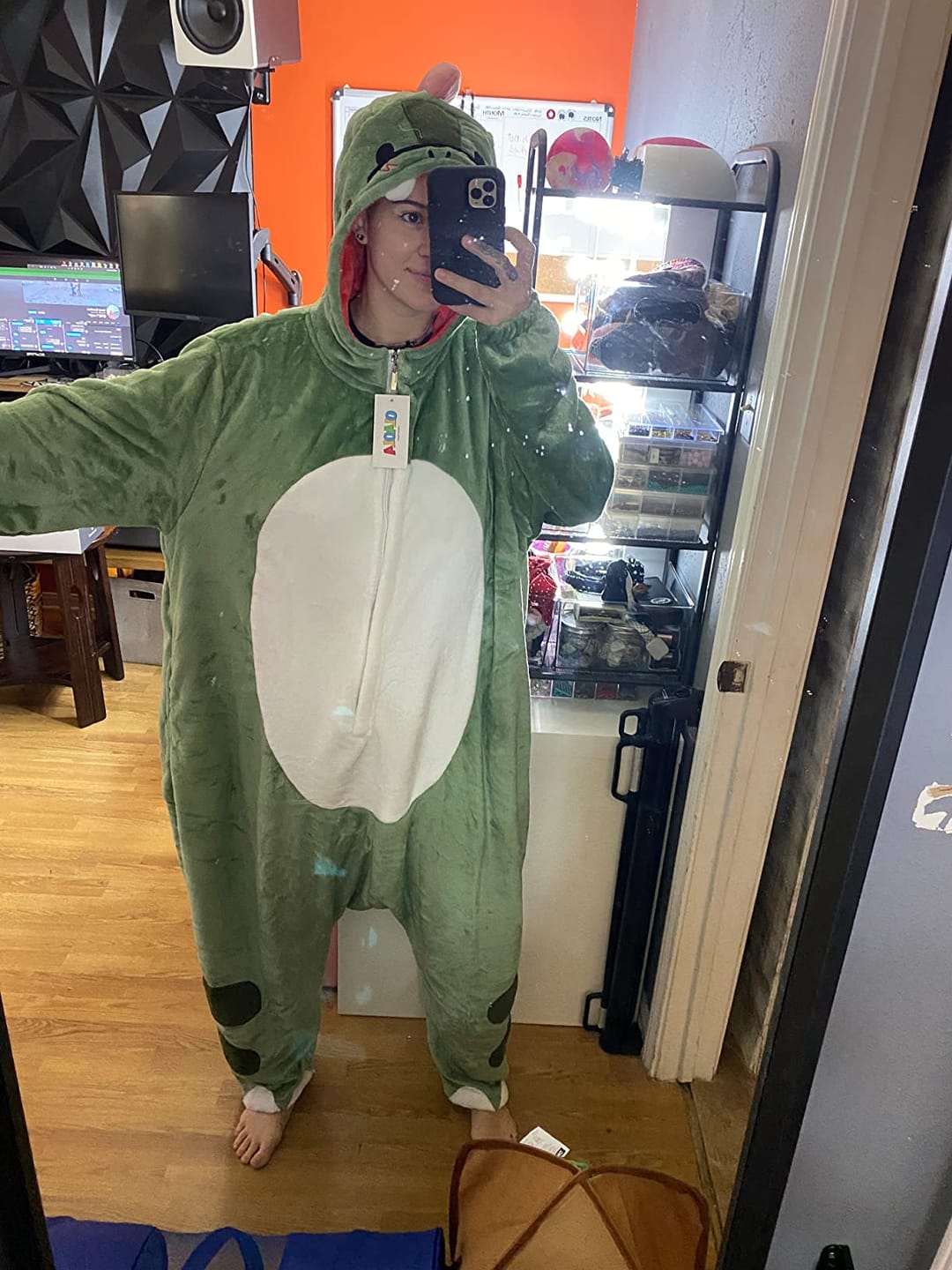 Customer photo review of OLAOLA Unisex Adult Plush Dinosaur Animals Onesie Pajamas Warm Home One-Piece Sleepwear