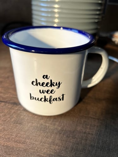 Customer photo review of FREE White A Cheeky Wee Buckfast Enamel Mug