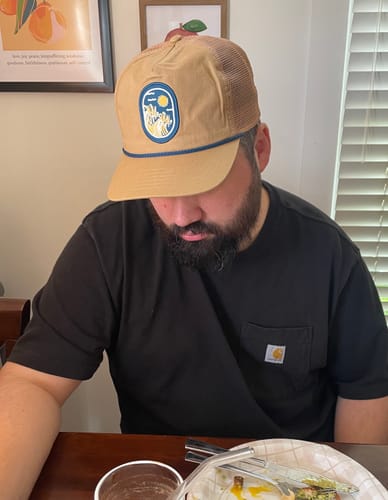 Customer photo review of Big Flat Bill Unstructured Rope Mesh Hat