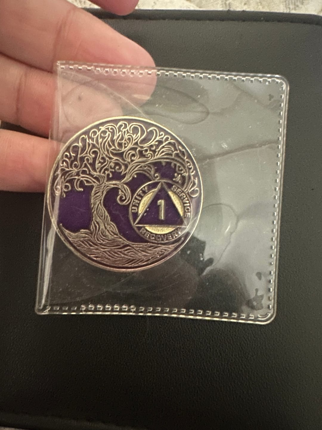 Customer photo review of 1 to 30 Year Sobriety Mint Twisted Tree of Life Gold Plated AA Recovery Medallion/Chip/Coin - Purple