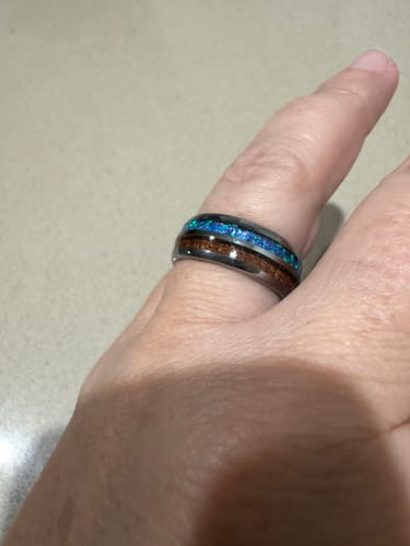 Customer photo review of The Embark - Silver Opal Tungsten Koa Wood Ring