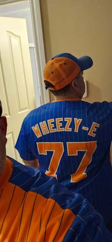 Customer photo review of Custom Orange Royal Pinstripe Personalized Raglan Sleeves Authentic Baseball Jersey