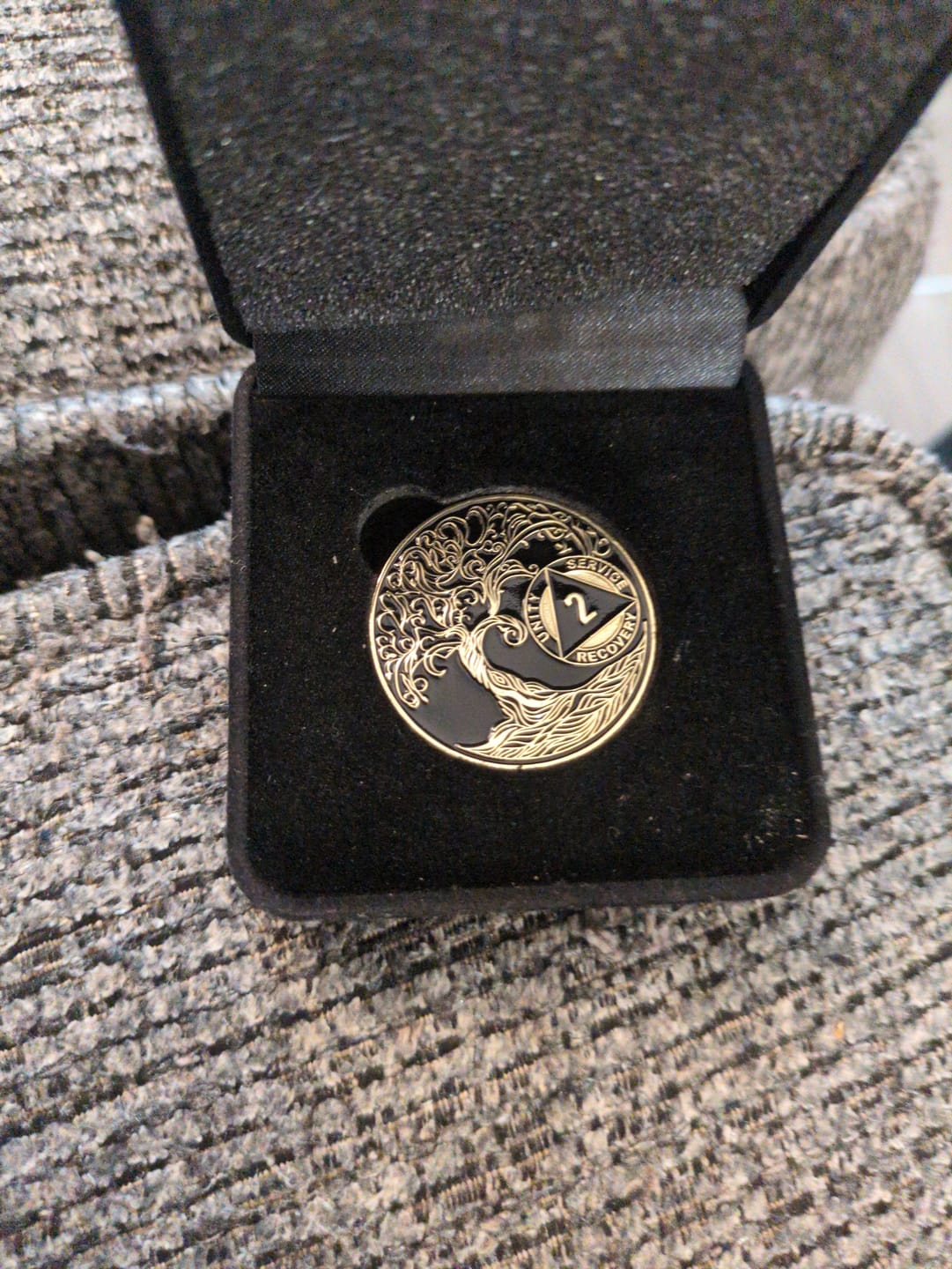 Customer photo review of 1 to 65 Year Sobriety Mint Twisted Tree of Life Gold Plated AA Recovery Medallion/Chip/Coin - Black