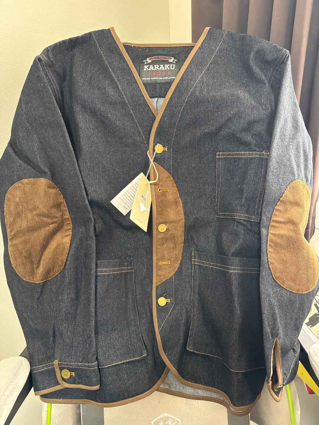 Customer photo review of 肘コーデュロイパッチ ノーカラーデニムジャケット