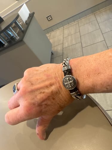 Customer photo review of Christianartworkshop Classic & Vintage Style St. Benedict Badge Bracelet: Engraved with the Holy Mark
