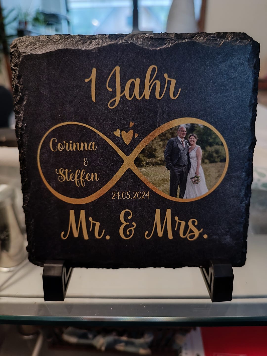 Customer photo review of Alles an dir - Personalisierte Schieferplatte für Paare mit Unendlichkeitszeichen und Foto