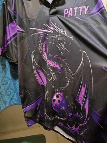 Customer photo review of Custom Black And Purple Dragon Bowling Shirts For Men, Dragon Bowling Team Shirts Uniform IPHW7314