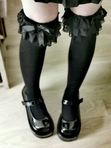 Customer photo review of Luna Ruffle Lace Thigh High Stockings