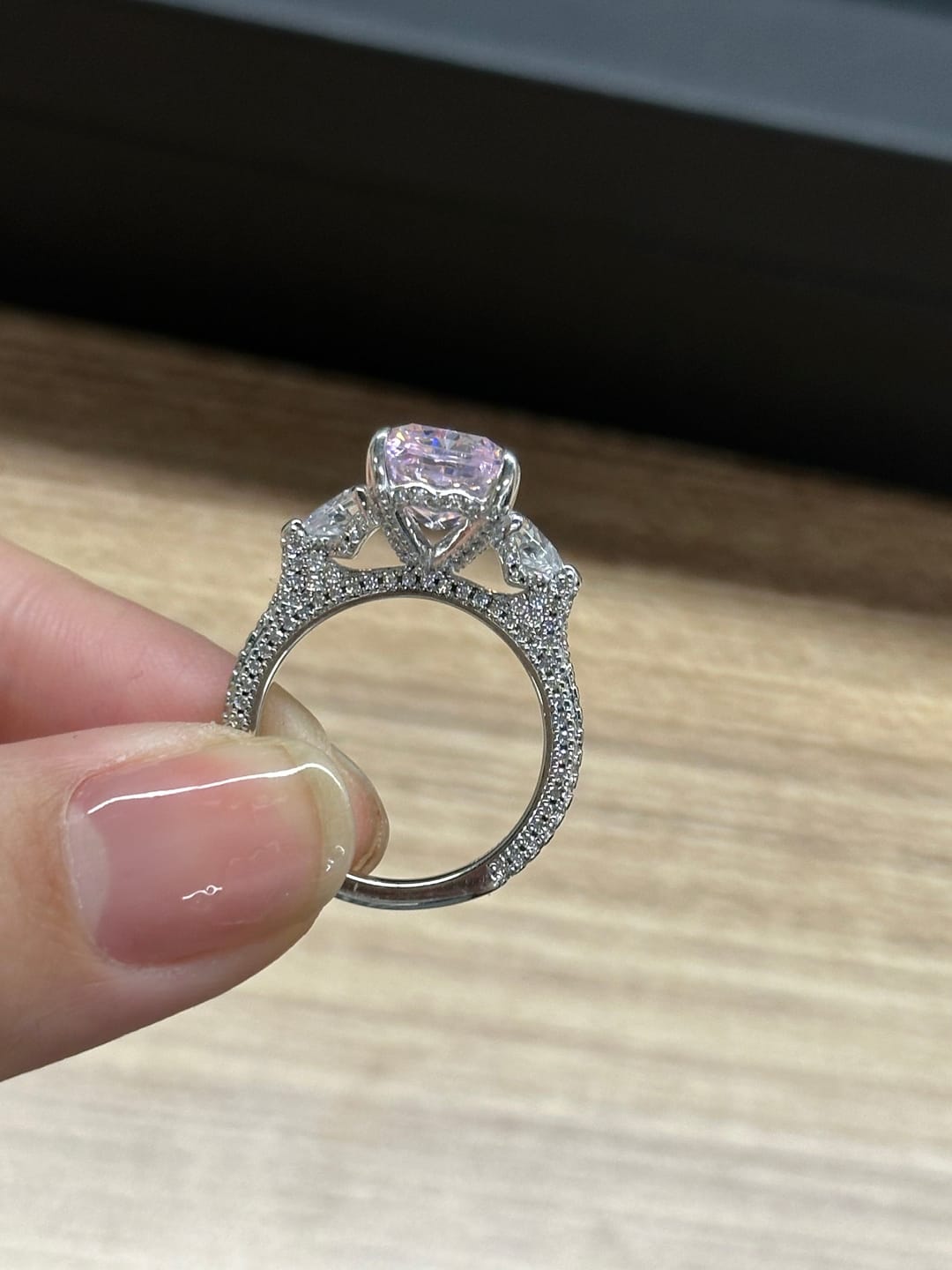 Customer photo review of S925 5.0Ct Pink/White Stone Radiant Cut Three Stone Engagement Ring Anniversary Ring For Women