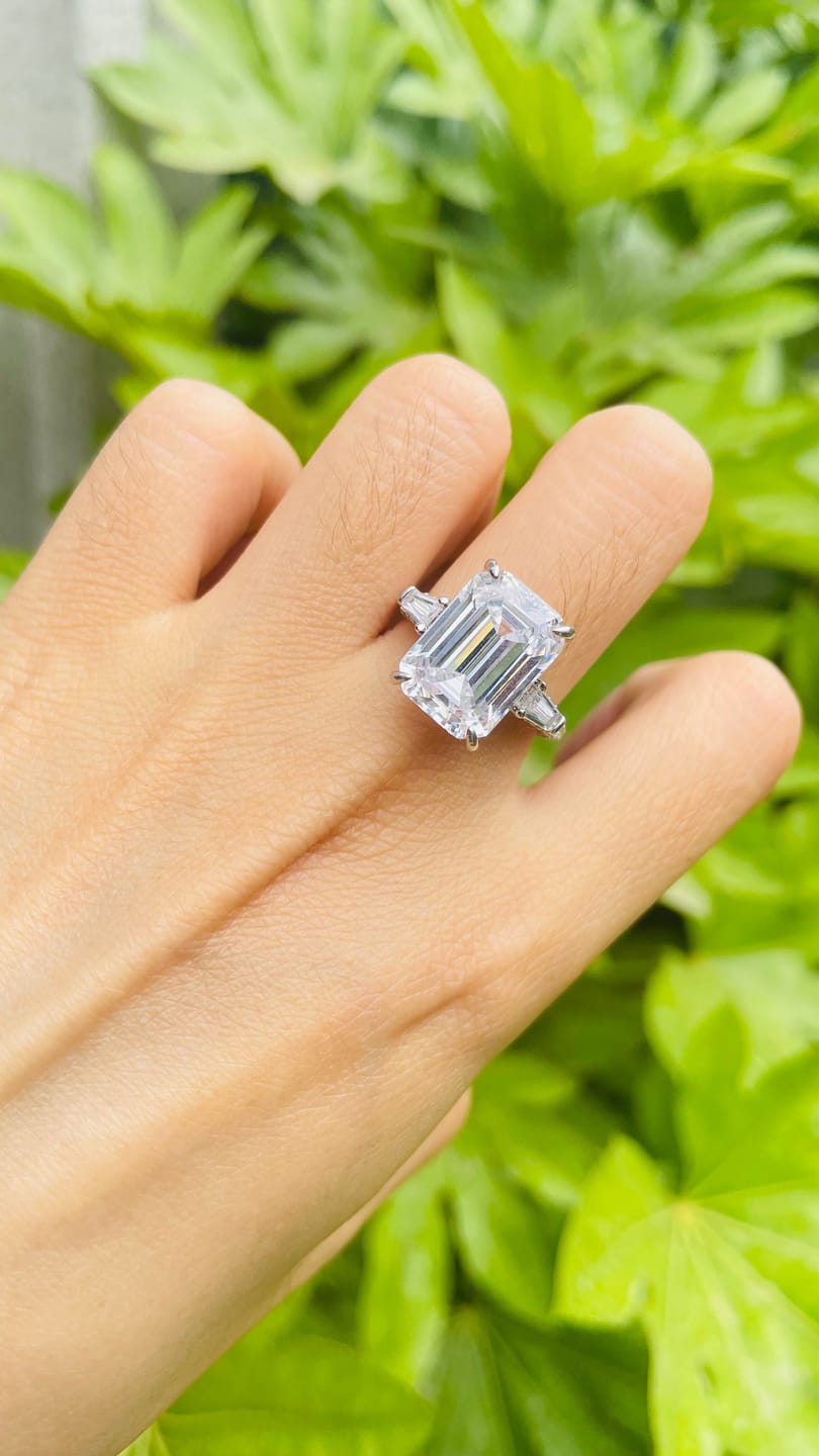 Customer photo review of Louily Unique Emerald Cut Three Stone Engagement Ring In Sterling Silver