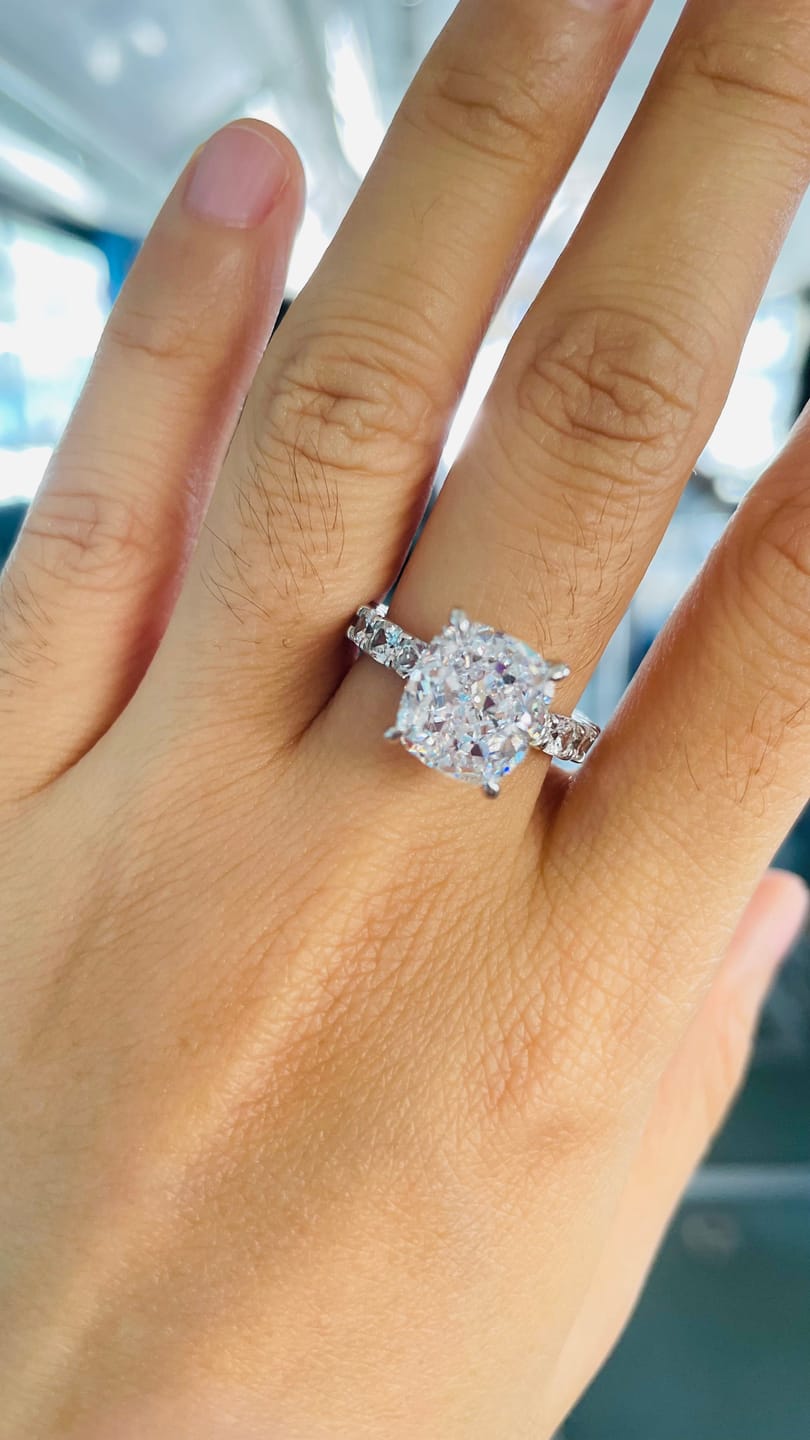 Customer photo review of Louily Stunning Sterling Silver Crushed Ice Cushion Cut Engagement Ring