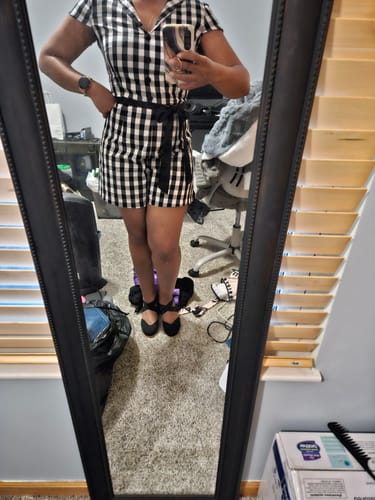Customer photo review of Black 1940s Lapel Plaids Belted Romper