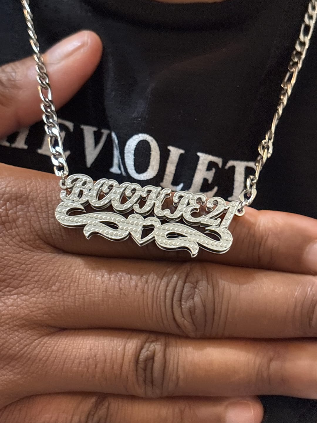 Customer photo review of Double Plated Heart Twirl Name Necklace w/ Figaro Chain