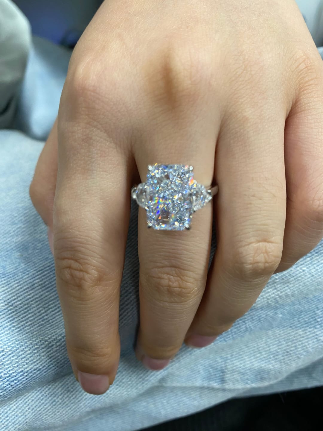 Customer photo review of Louily Luxurious Crushed Ice Radiant Cut Three Stone Engagement Ring