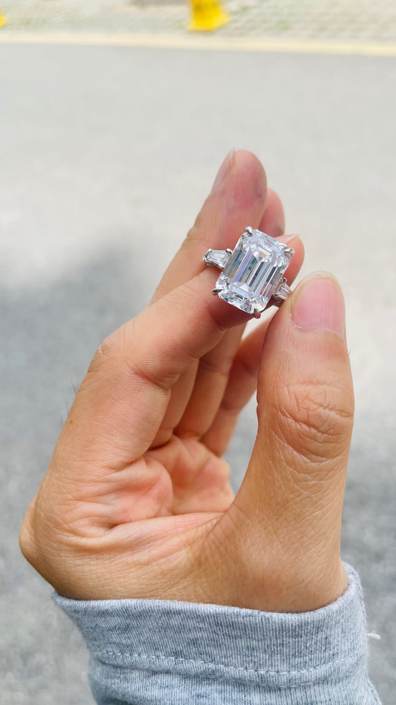 Customer photo review of Louily Unique Emerald Cut Three Stone Engagement Ring In Sterling Silver