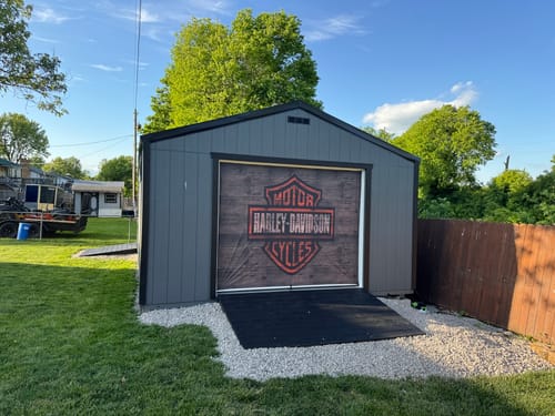 Customer photo review of Harley Davidson Wood Style Garage Door Cover Banner Wrap