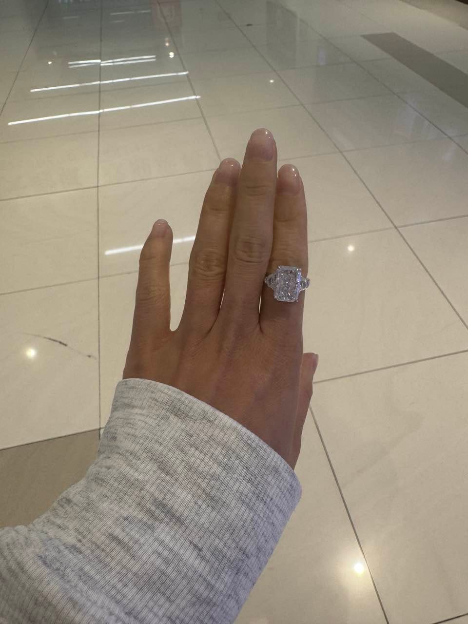 Customer photo review of Louily Luxurious Crushed Ice Radiant Cut Three Stone Engagement Ring