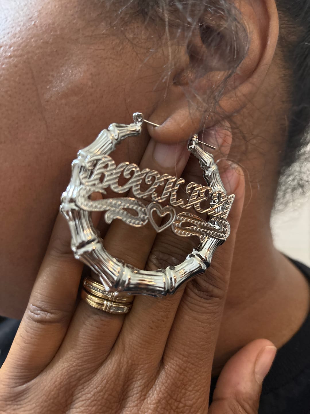 Customer photo review of Double Plated Heart Outline Bamboo Name Hoop Earrings