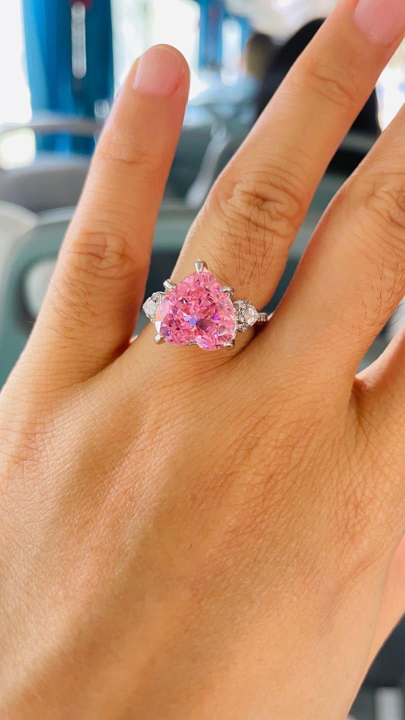 Customer photo review of S925 5.0Ct Heart Cut Royal Romantic Pink Stone Heart Cut Engagement Ring In Sterling Silver