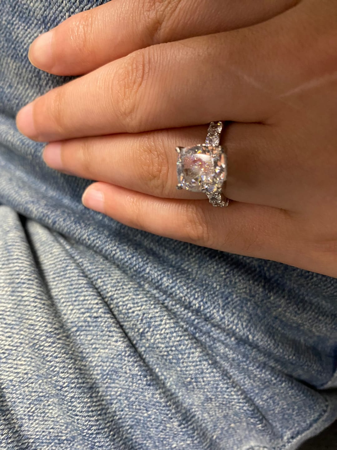 Customer photo review of Louily Stunning Sterling Silver Crushed Ice Cushion Cut Engagement Ring