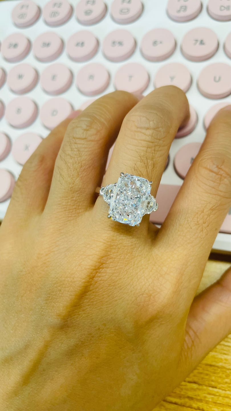 Customer photo review of Louily Luxurious Crushed Ice Radiant Cut Three Stone Engagement Ring