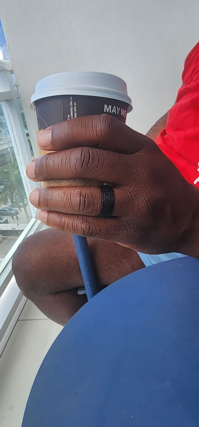 Customer photo review of 8mm Black Titanium Wedding Ring with Round Black Diamonds
