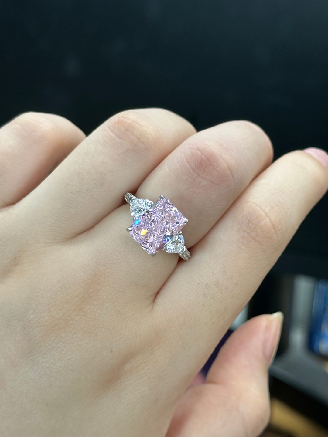Customer photo review of S925 5.0Ct Pink/White Stone Radiant Cut Three Stone Engagement Ring Anniversary Ring For Women