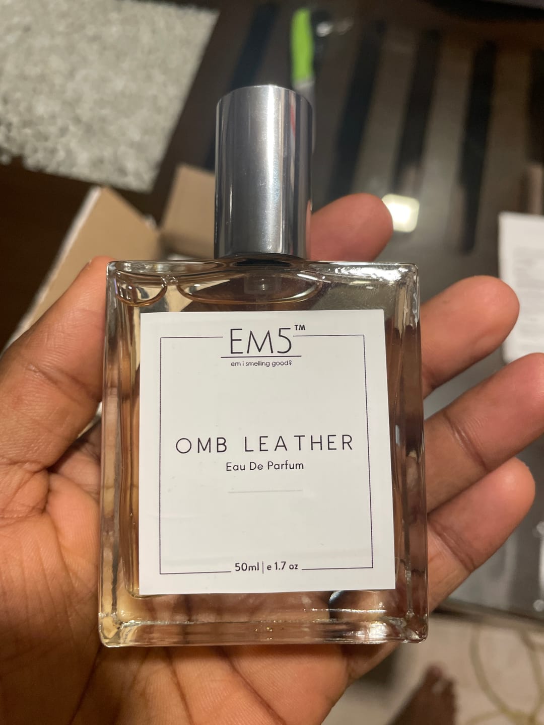 Customer photo review of EM5™ Omb Leather Unisex Perfume EDP Spray for Men & Women | Leather Animalic Earthy Fragrance Accords | Luxury Gift for Him / Her | Variants Available: 50 ml Spray / 15 ml Spray