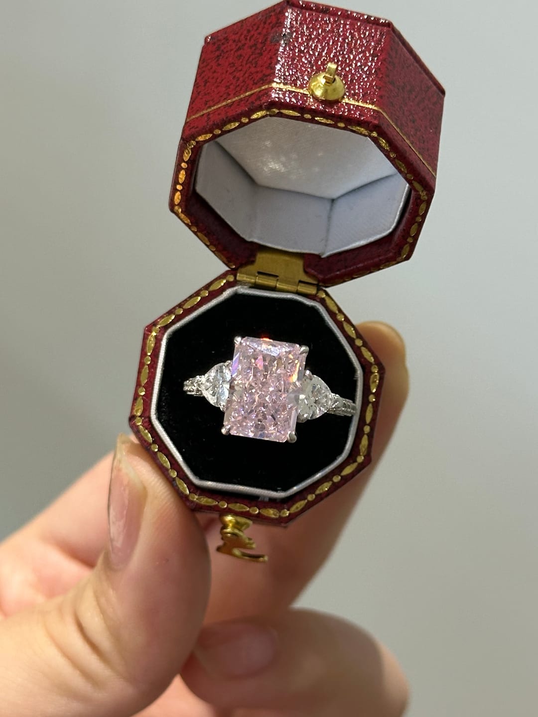 Customer photo review of S925 5.0Ct Pink/White Stone Radiant Cut Three Stone Engagement Ring Anniversary Ring For Women