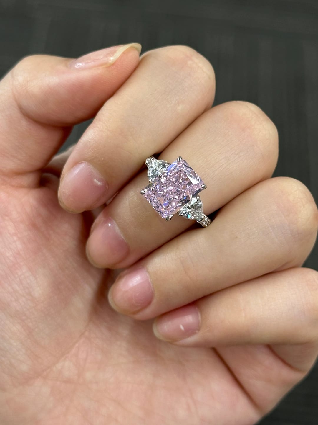 Customer photo review of S925 5.0Ct Pink/White Stone Radiant Cut Three Stone Engagement Ring Anniversary Ring For Women