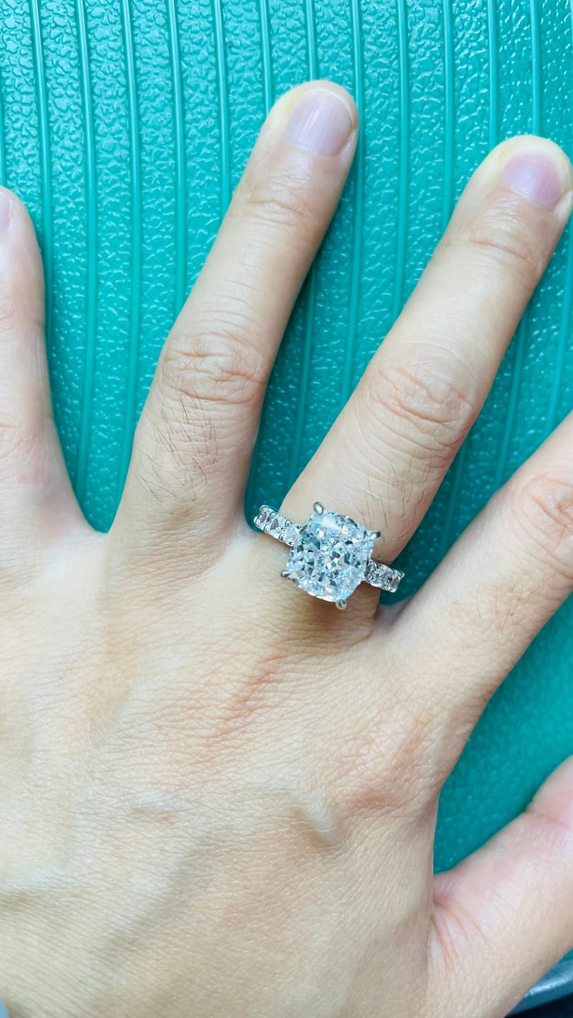 Customer photo review of Louily Stunning Sterling Silver Crushed Ice Cushion Cut Engagement Ring