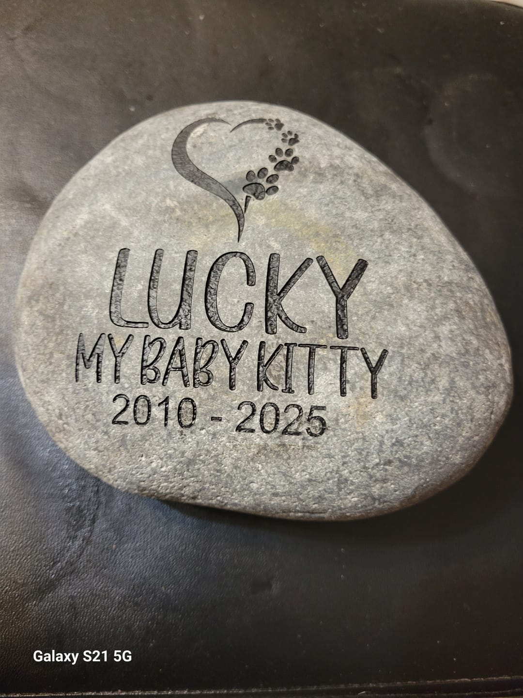 Customer photo review of Dog headstones Grave Marker Custom Engraved Pet Memorial River Rock Stone Heart Paw Print