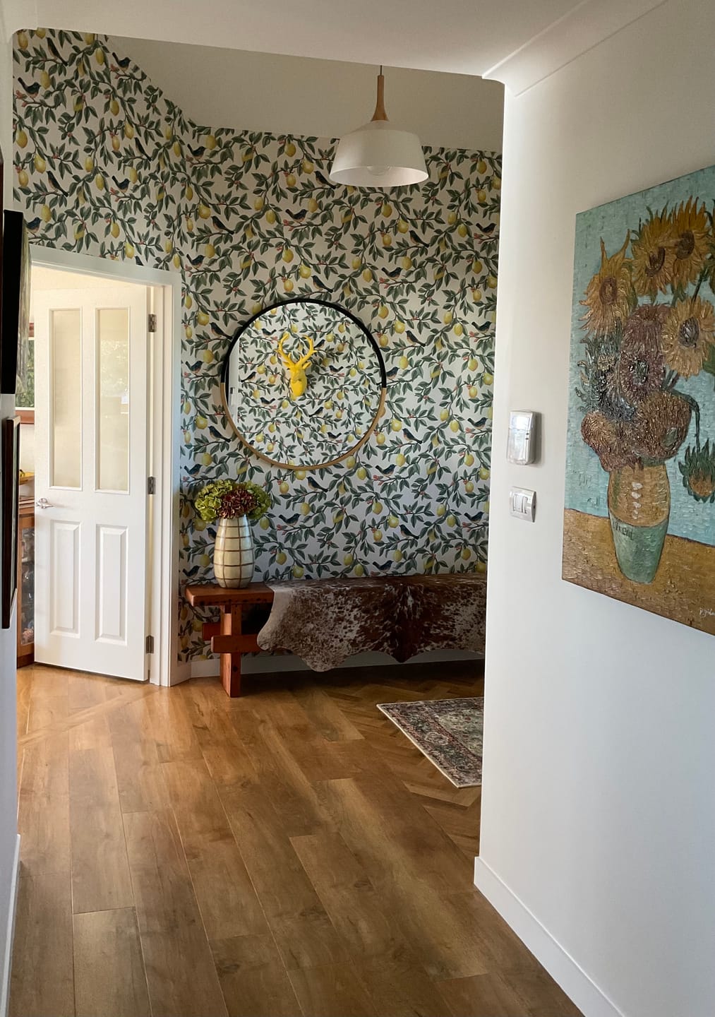 Customer photo review of Ponderosa Bird and Lemon Wallpaper - Cream/Orange