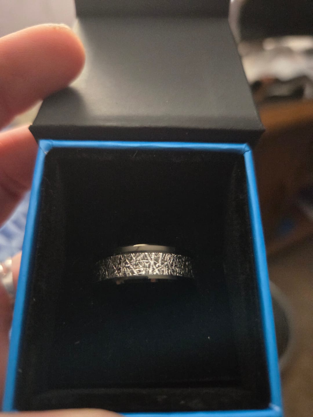 Customer photo review of 8mm - Tungsten wedding Rings W/ Black Meteorite Inlay Beveled Edges
