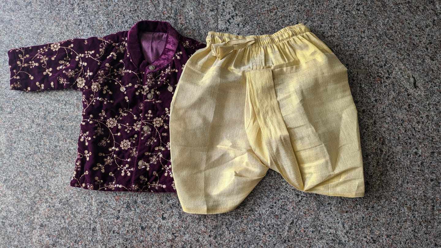 Customer photo review of Deep wine velvet and Gold Dhoti Ethnic Wear for Baby Boy